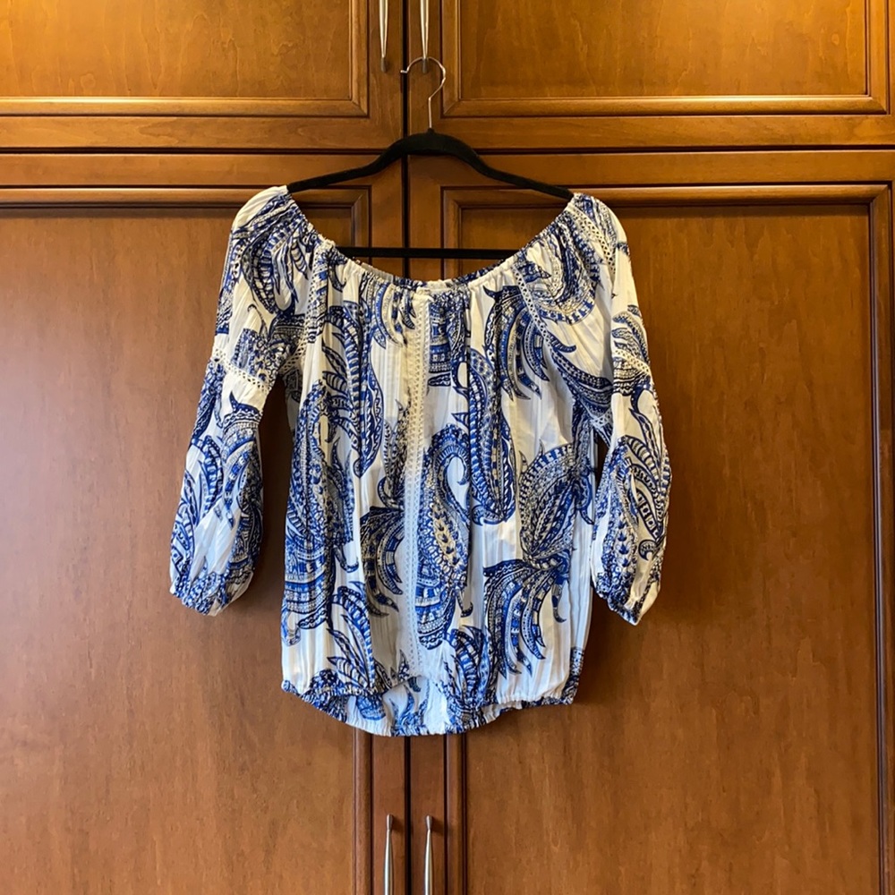 On The Road Blue and White Off the Shoulder Top